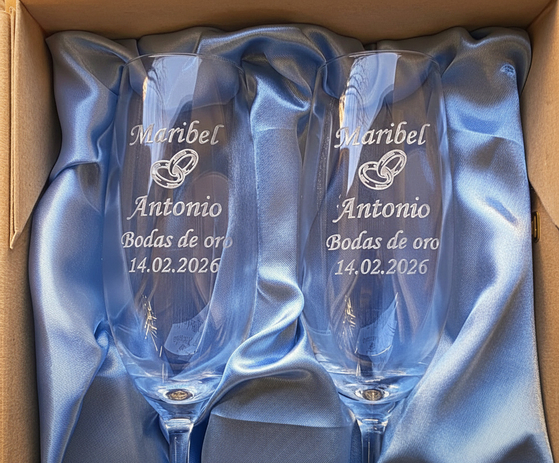 2 copas de cava Zwiesel personalizadas y grabadas, ideales para bodas y aniversarios.