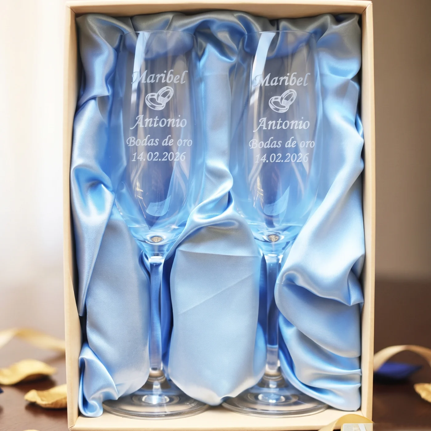 2 copas de cava Zwiesel grabadas para boda con estuche de regalo